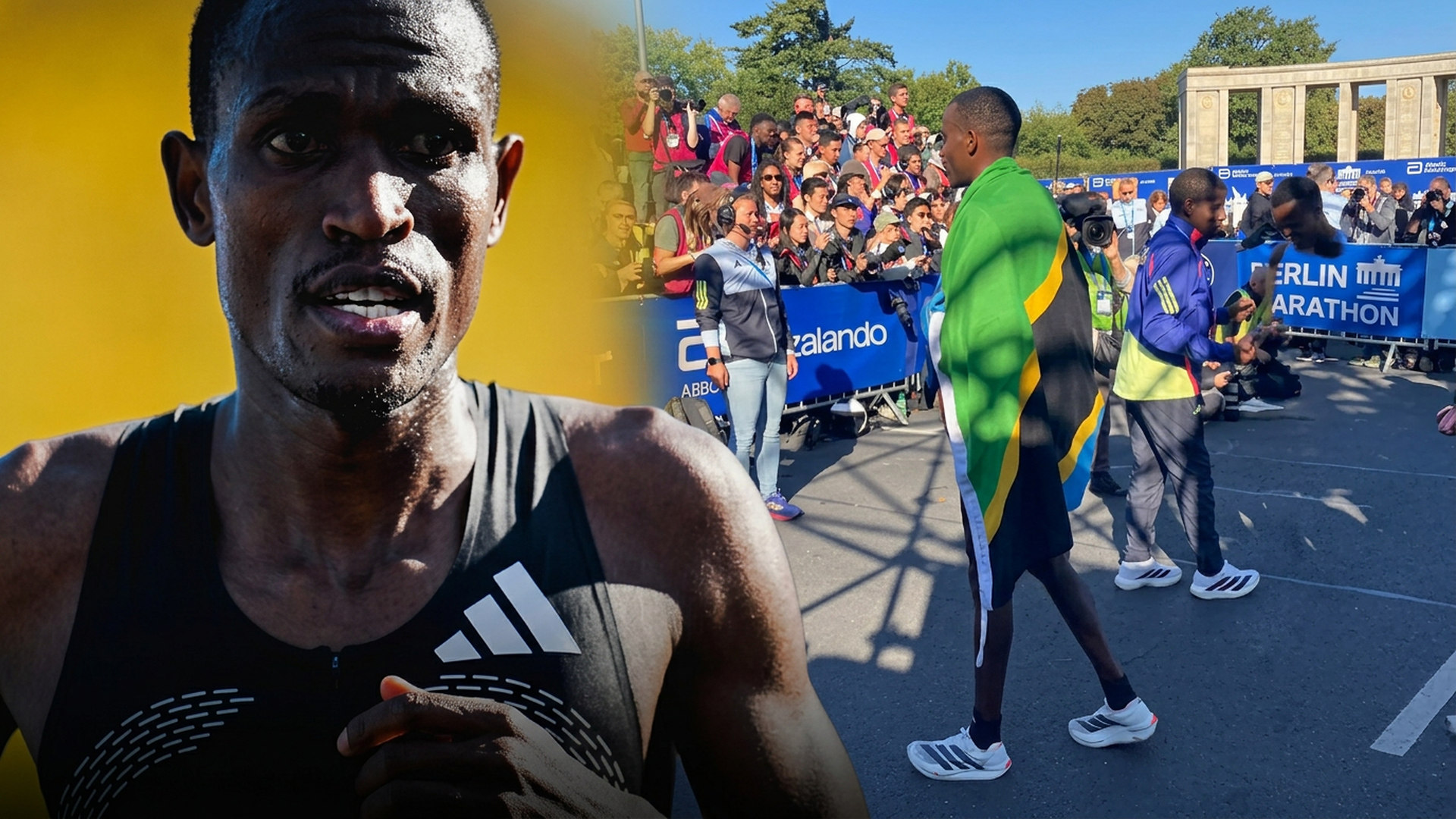 Gabriel Geay at the Berlin Marathon, with his portrait and a race-day photograph wrapped in Tanzania's flag