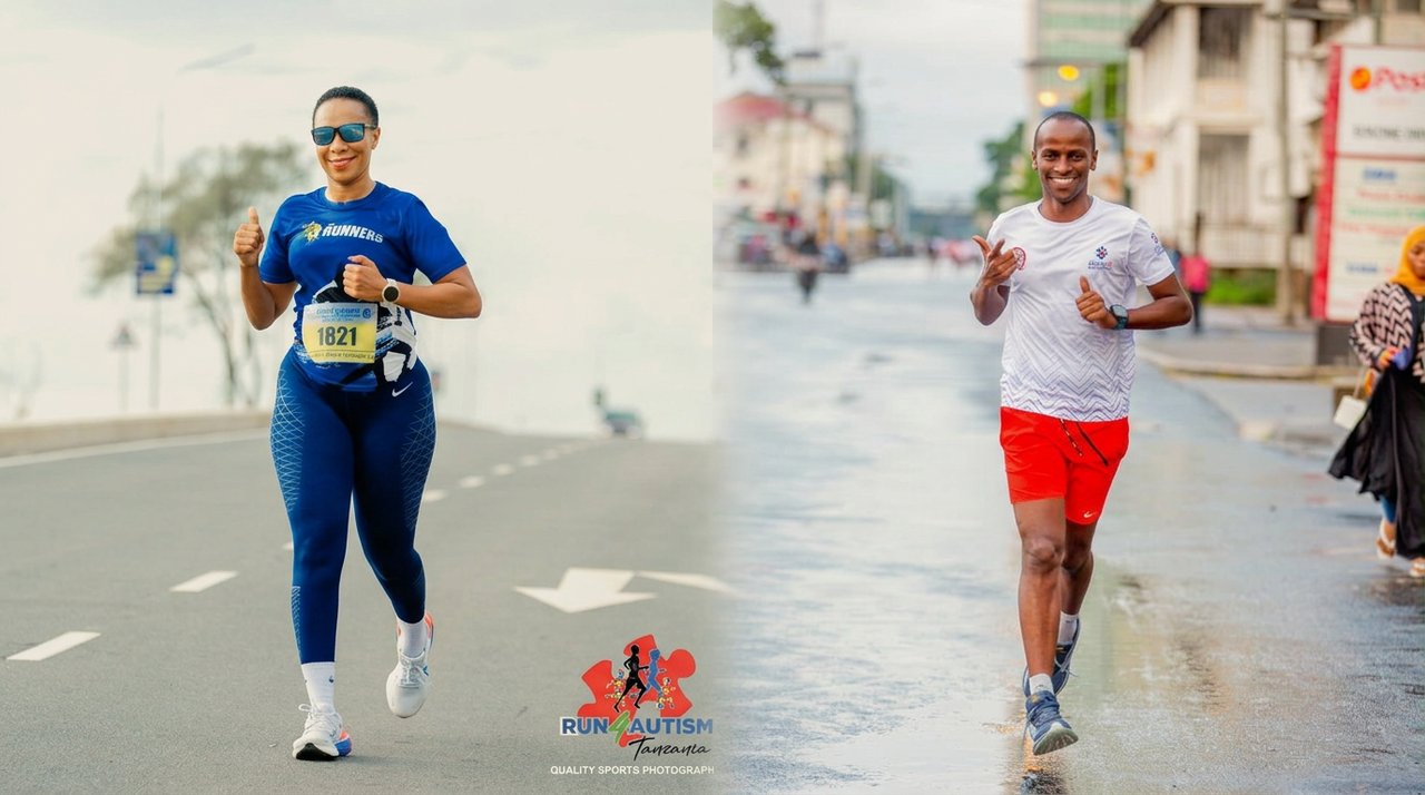 Two Runners Club members mid-stride — Janeth in blue and a club runner in white and red — merged into one hero banner